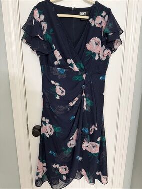 DKNY Navy Floral Wrap Dress with Blush and Teal Accents